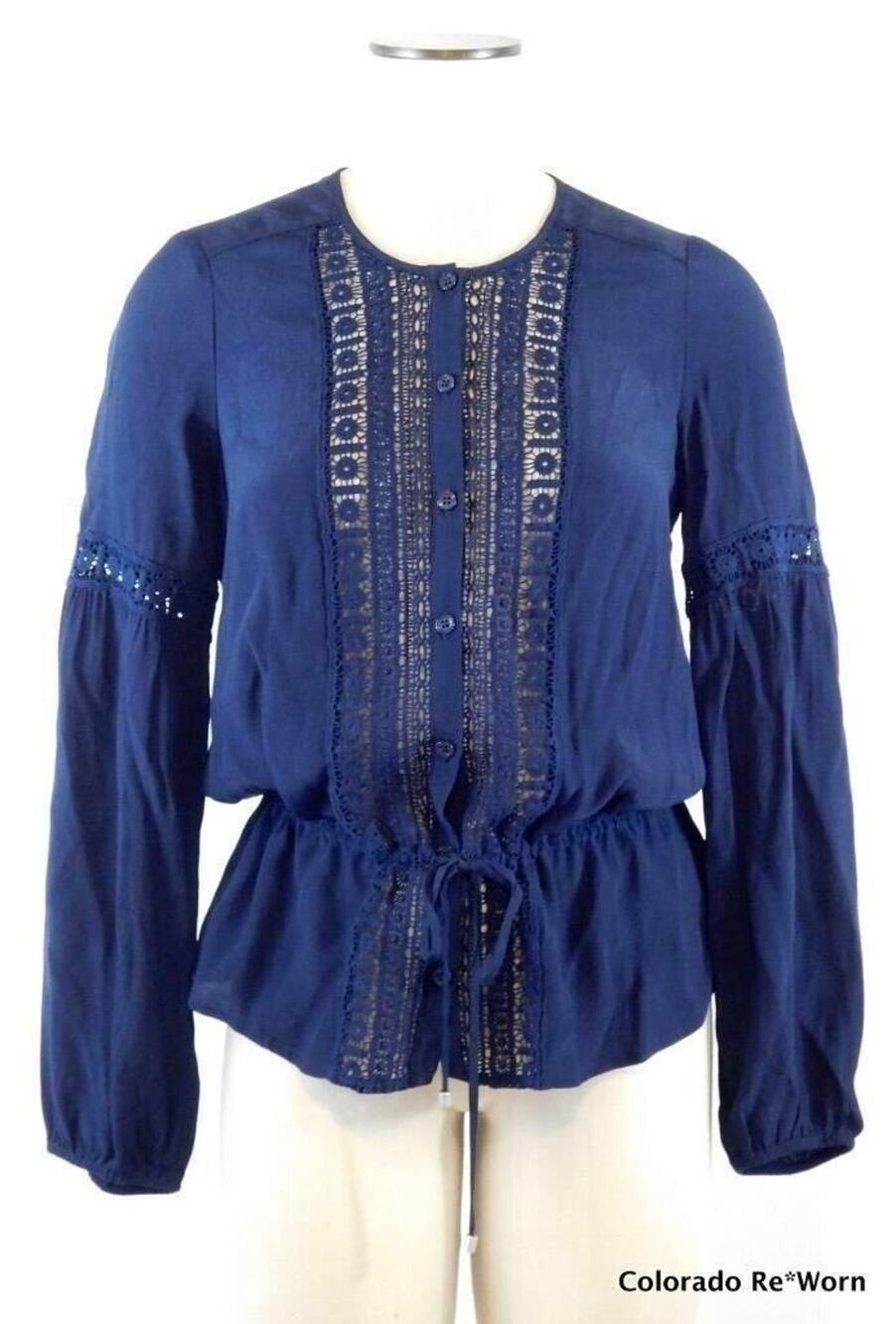 Hale Bob Blue Crochet Lace Tie Waist Boho Peplum BTop Shirt Womens Sz XS